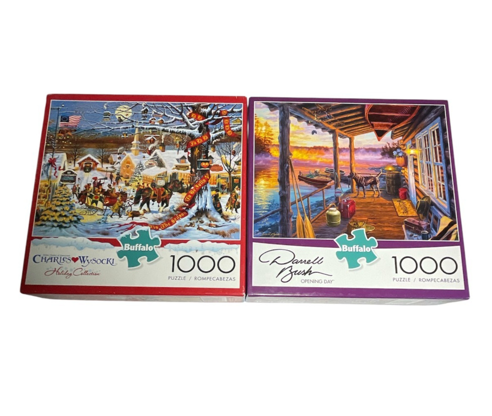 Lot of 2 Buffalo Charles Wysocki D. Bush Christmas 1000 Pieces Jigsaw Puzzles